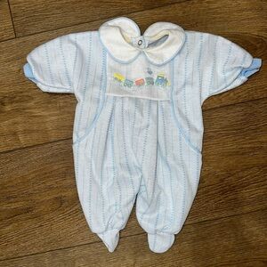 Charming Light Blue Kids Footie with Train Motif